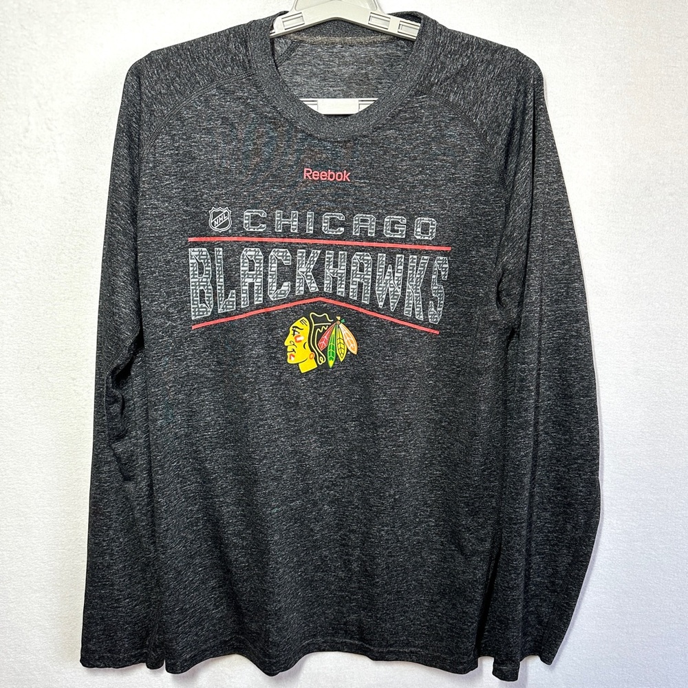Reebok Chicago Blackhawks Tee Mens L Gray Long Sleeve T Shirt Hockey Polyester